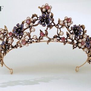 Elegant Gold and Pearl Floral Tiara, pink purple crystals crown, birthday tiara